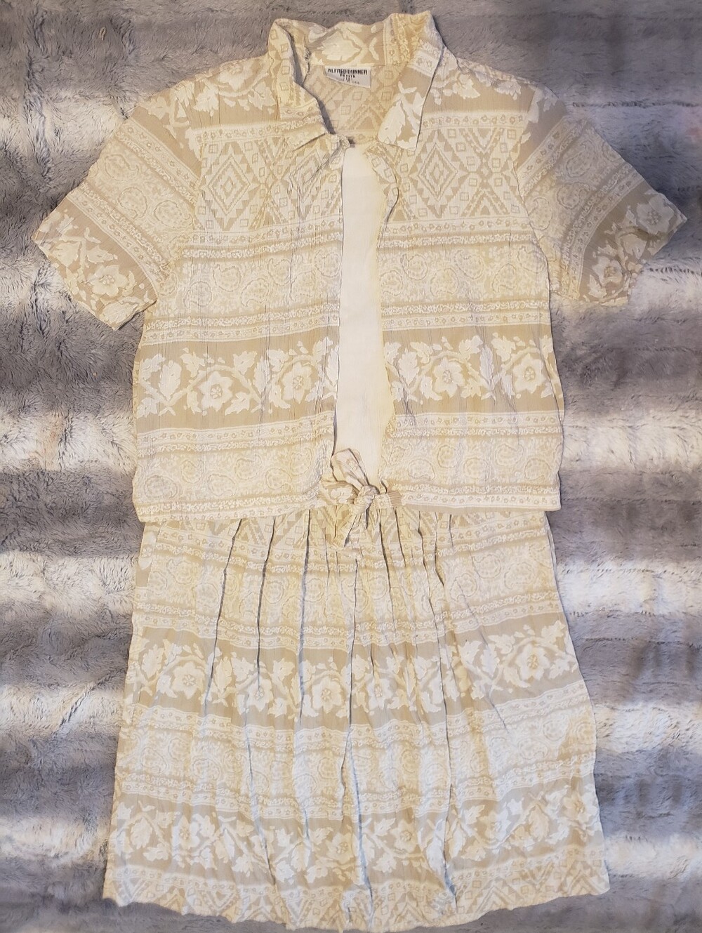 Alfred Dunner Petite Vintage Beige & White Floral Boho Patterned Top & Skirt 12